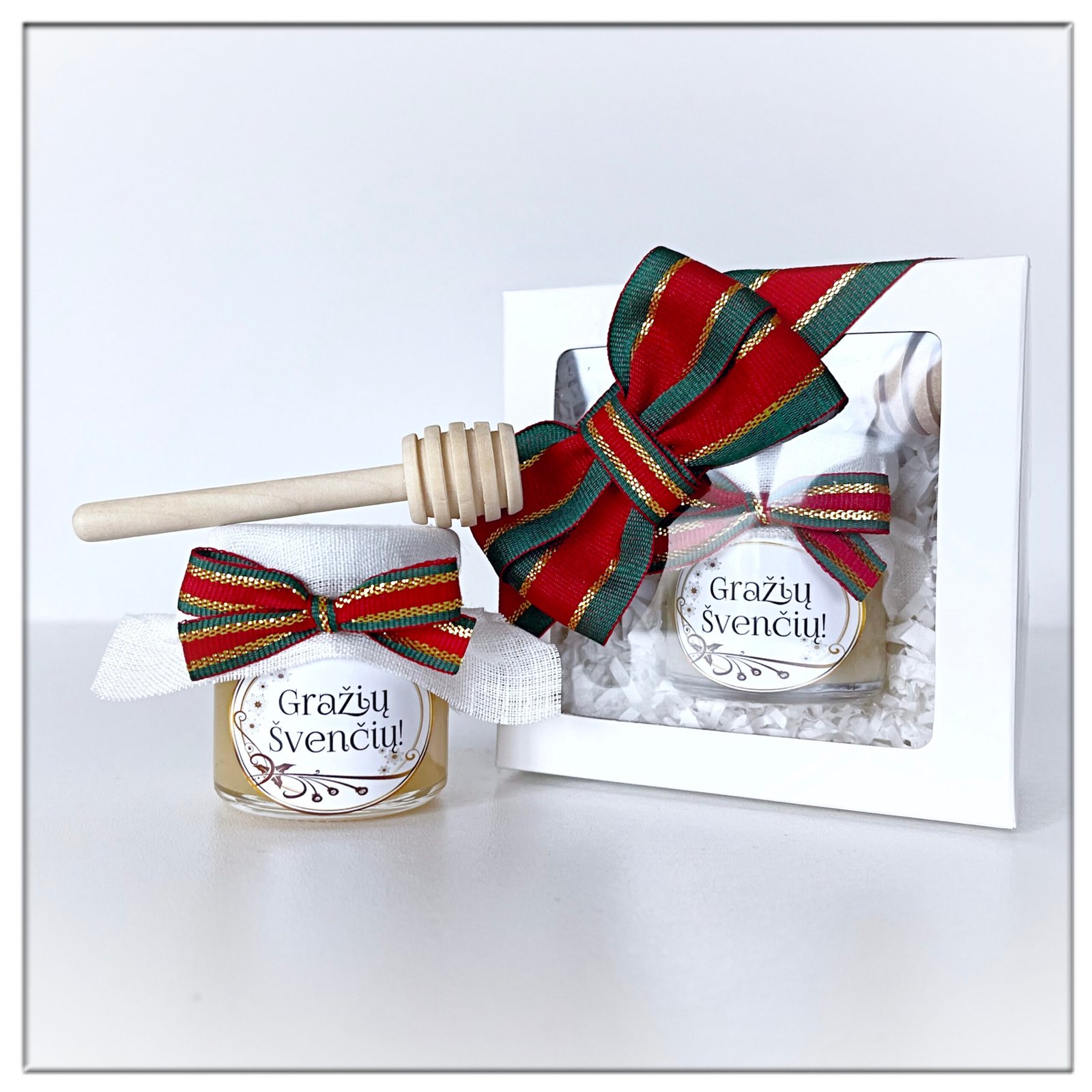 Dekoruota medaus dovanėlė Kalėdoms